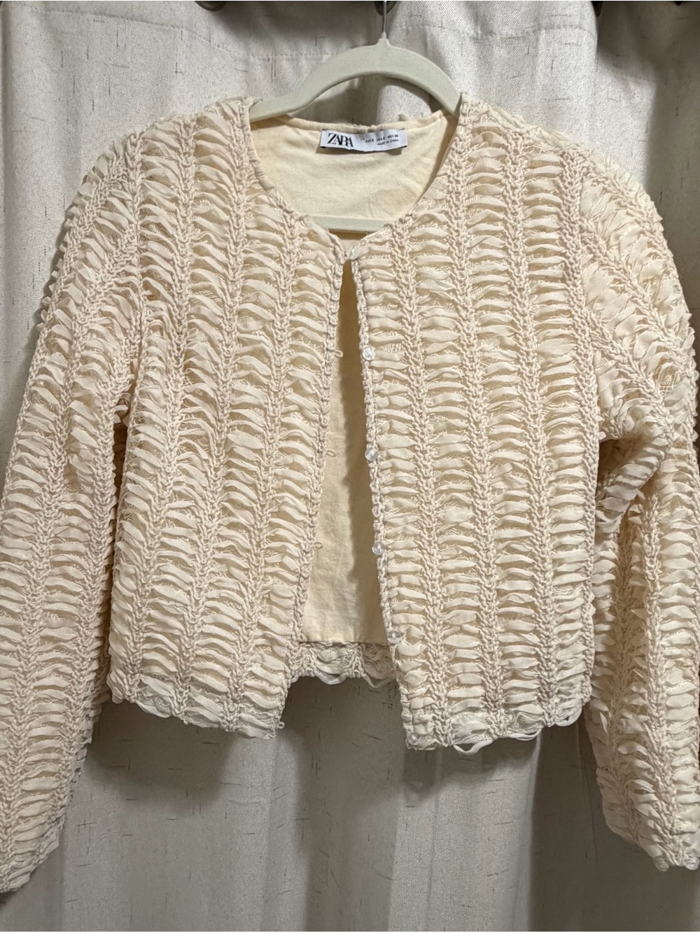 Zara Cream Textured Open-Front Cropped Jacket